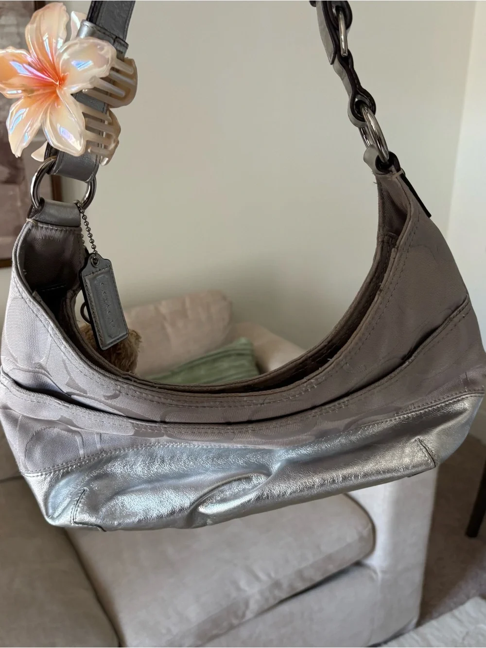 Coach Silver & Gray Signature Hobo Shoulder Bag